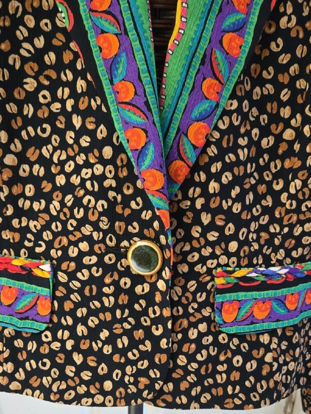 Carole Little Black Leopard Print Blazer with Colorful Embroidered Trim-Size 12 - Picture 9 of 13